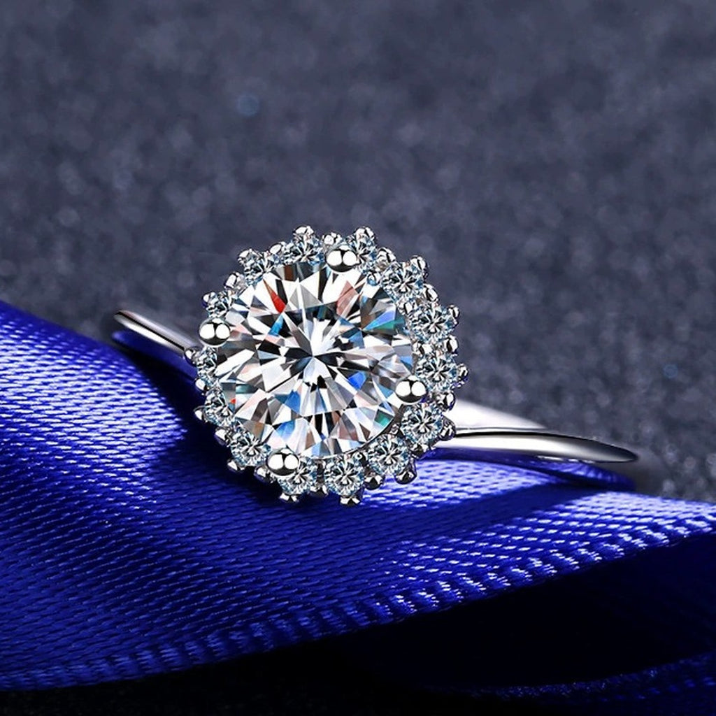 Round Moissanite Halo Engagement Ring with CZ product view showing moissanite setting and metal finish