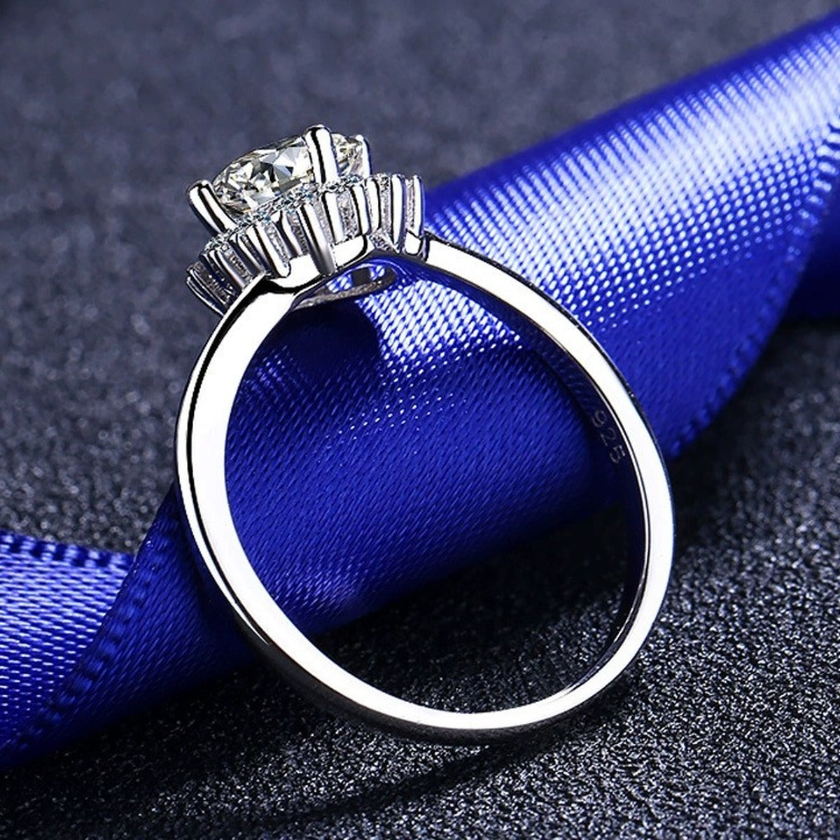 Round Moissanite Halo Engagement Ring with CZ product view showing moissanite setting and metal finish