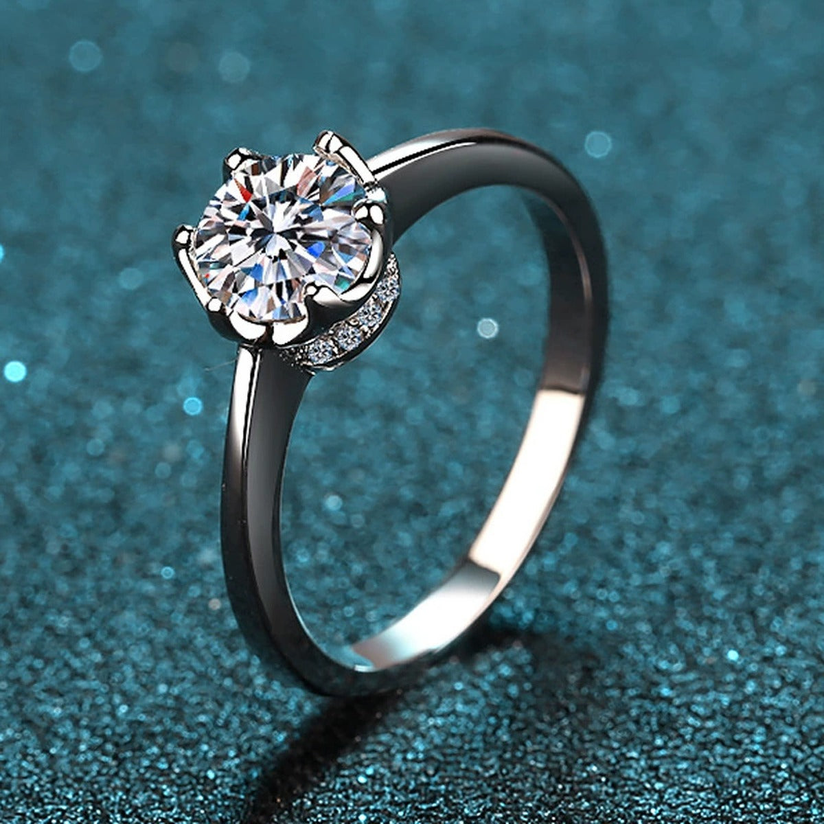 Round Moissanite Solitaire Ring with CZ product view showing moissanite setting and metal finish