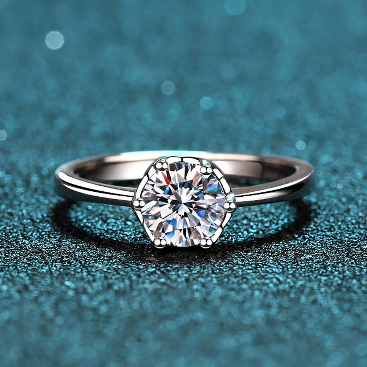 Round Moissanite Solitaire Ring with CZ product view showing moissanite setting and metal finish