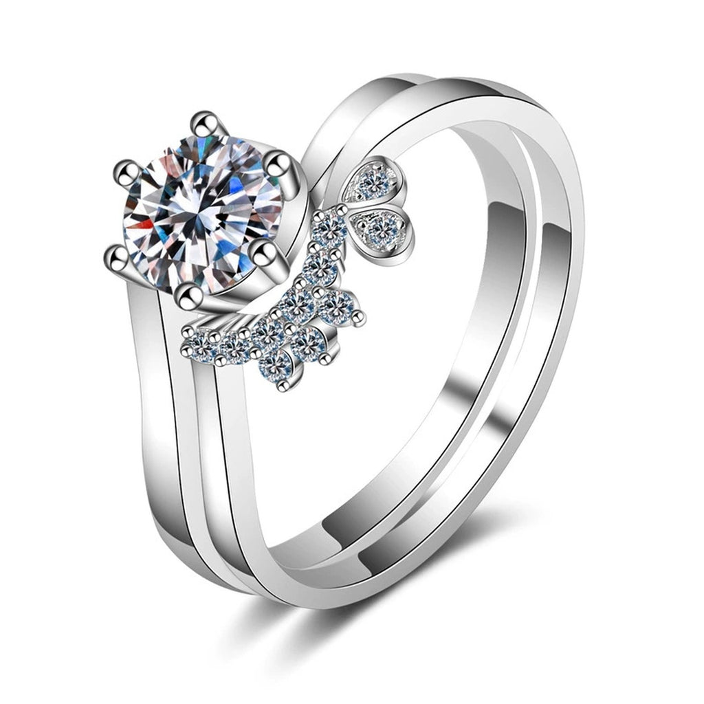 Round Moissanite Stackable Ring Set with CZ in rhodium-plated S925 sterling silver on clean white background