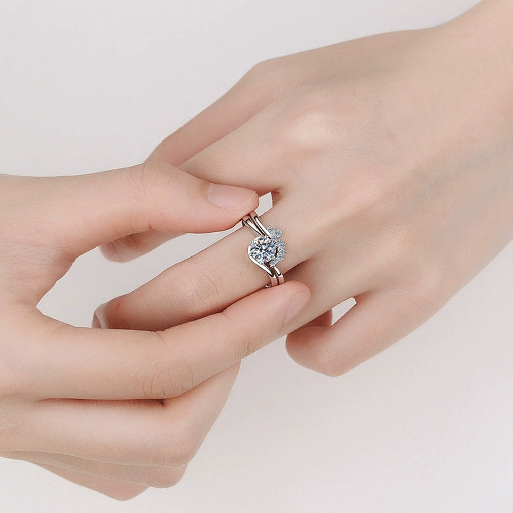 Round Moissanite Stackable Ring Set with CZ worn on hand to show scale, band width, and ring profile