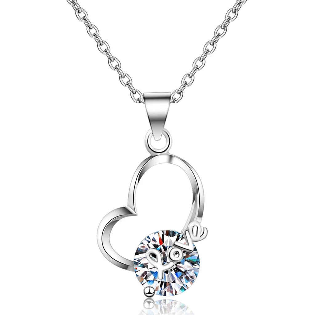 Love Heart Moissanite Pendant Necklace in Rhodium-Plated S925 sterling silver on white background showing pendant shape and round moissanite