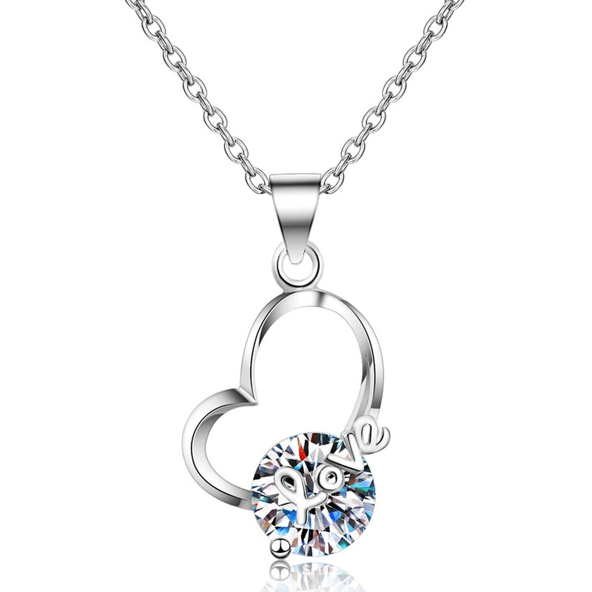 Love Heart Moissanite Pendant Necklace in Rhodium-Plated S925 sterling silver on white background showing pendant shape and round moissanite