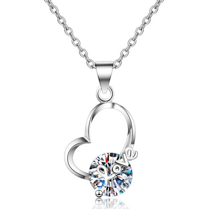 Love Heart Moissanite Pendant Necklace in Rhodium-Plated S925 sterling silver on white background showing pendant shape and round moissanite