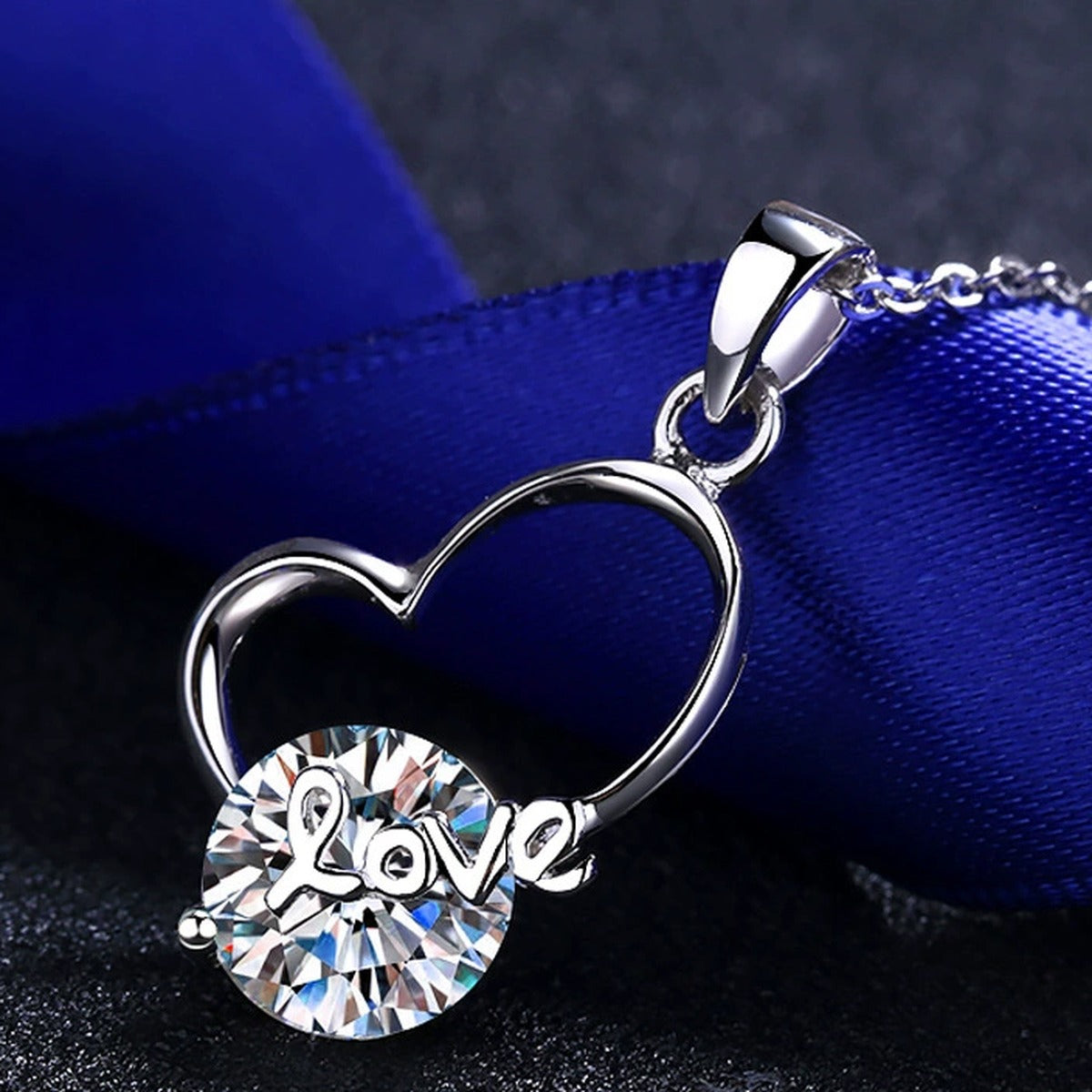 Love Heart Moissanite Pendant Necklace in Rhodium-Plated S925 sterling silver product scene view showing pendant detail