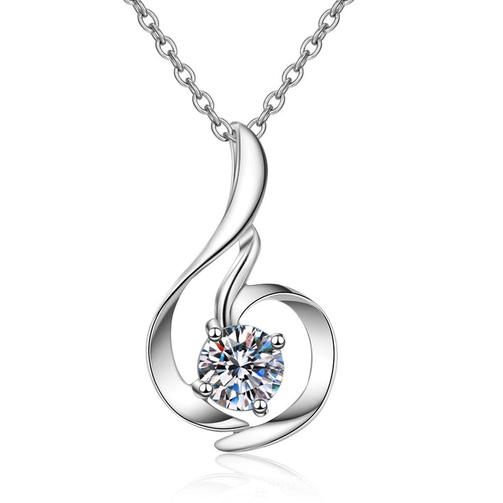 Swirl Moissanite Pendant Necklace in Rhodium-Plated S925 sterling silver on white background showing pendant shape and round moissanite