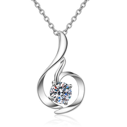 Swirl Moissanite Pendant Necklace in Rhodium-Plated S925 sterling silver on white background showing pendant shape and round moissanite