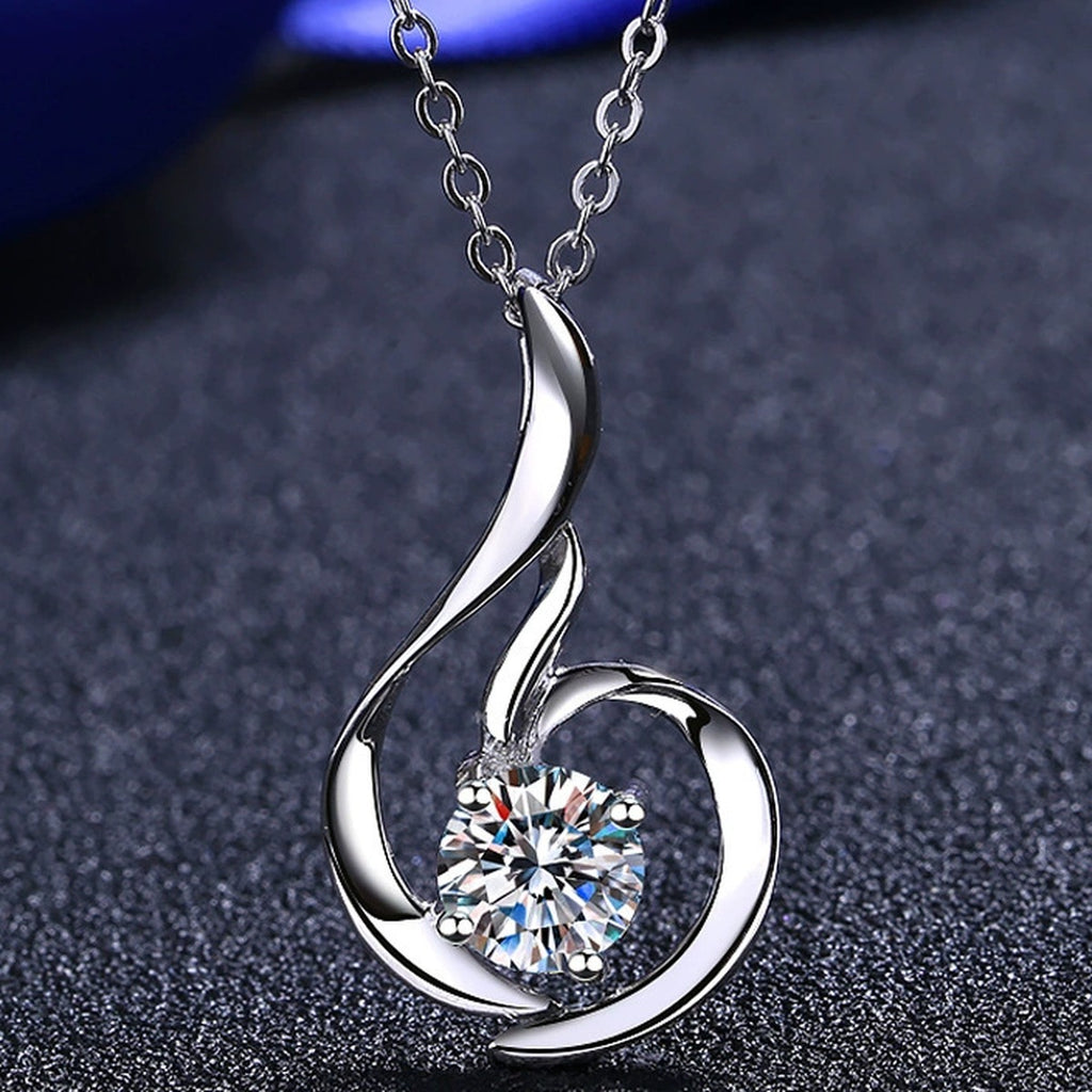 Swirl Moissanite Pendant Necklace in Rhodium-Plated S925 sterling silver product scene view showing pendant detail