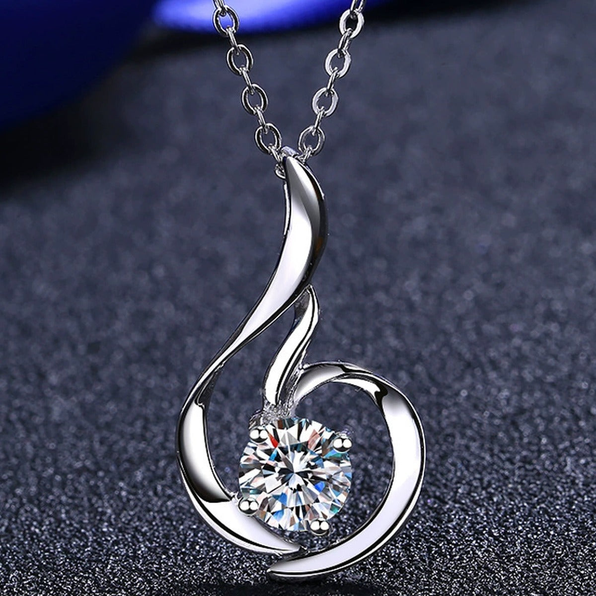 Swirl Moissanite Pendant Necklace in Rhodium-Plated S925 sterling silver product scene view showing pendant detail