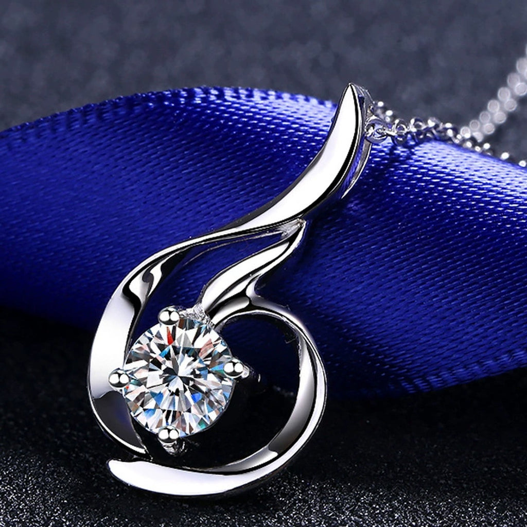 Swirl Moissanite Pendant Necklace in Rhodium-Plated S925 sterling silver product scene view showing angled sparkle