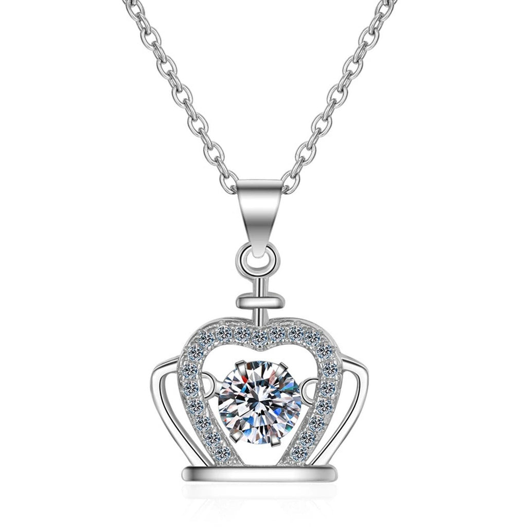 Crown Moissanite Pendant Necklace with CZ in Rhodium-Plated S925 sterling silver on white background showing pendant shape and round moissanite