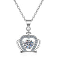 Crown Moissanite Pendant Necklace with CZ in Rhodium-Plated S925 sterling silver on white background showing pendant shape and round moissanite