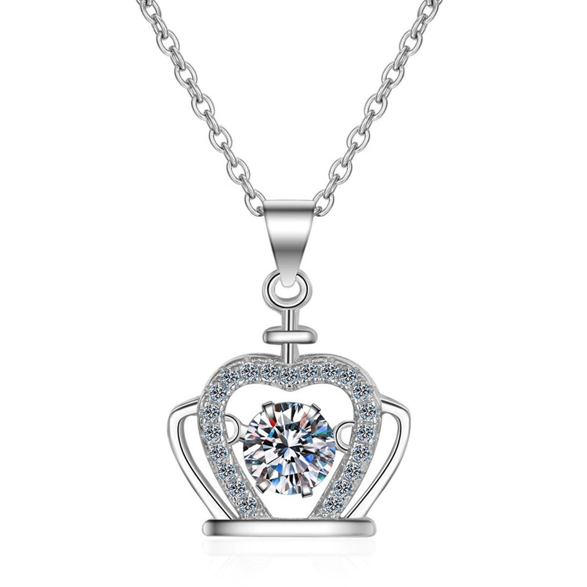 Crown Moissanite Pendant Necklace with CZ in Rhodium-Plated S925 sterling silver on white background showing pendant shape and round moissanite