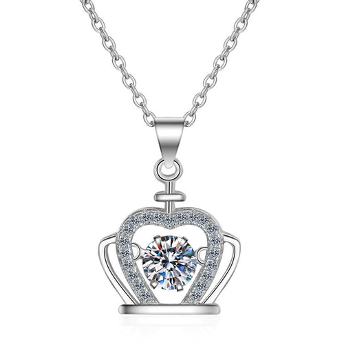 Crown Moissanite Pendant Necklace with CZ in Rhodium-Plated S925 sterling silver on white background showing pendant shape and round moissanite