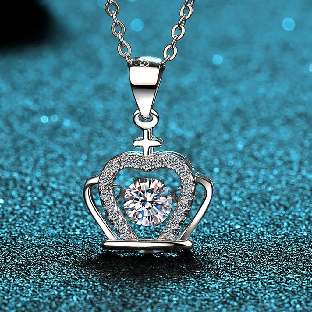 Crown Moissanite Pendant Necklace with CZ in Rhodium-Plated S925 sterling silver product scene view showing pendant detail