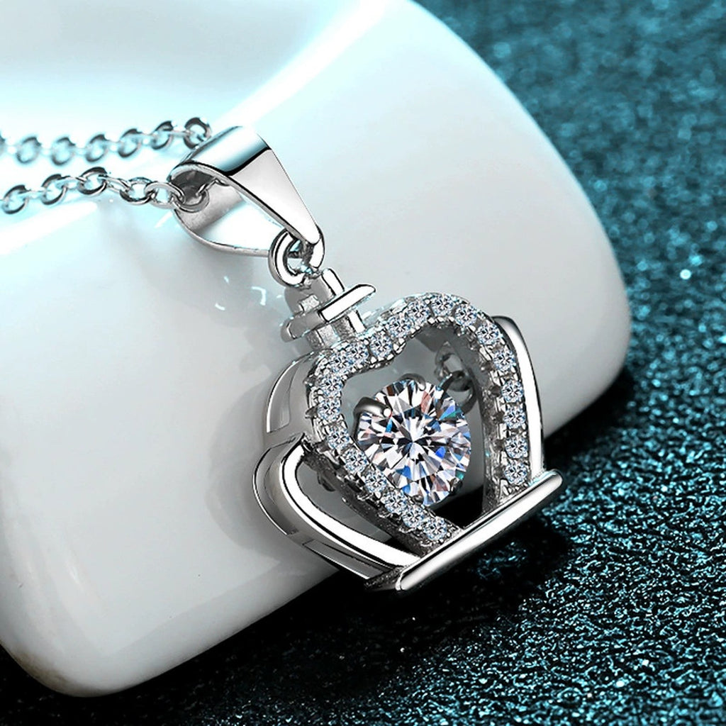 Crown Moissanite Pendant Necklace with CZ in Rhodium-Plated S925 sterling silver product scene view showing chain and setting detail
