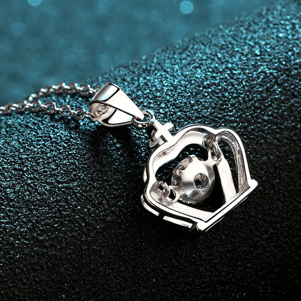 Crown Moissanite Pendant Necklace with CZ in Rhodium-Plated S925 sterling silver product scene view showing angled sparkle