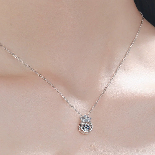 Crown Halo Moissanite Pendant Necklace with CZ in Rhodium-Plated S925 sterling silver worn on neckline by model showing scale and adjustable chain styling