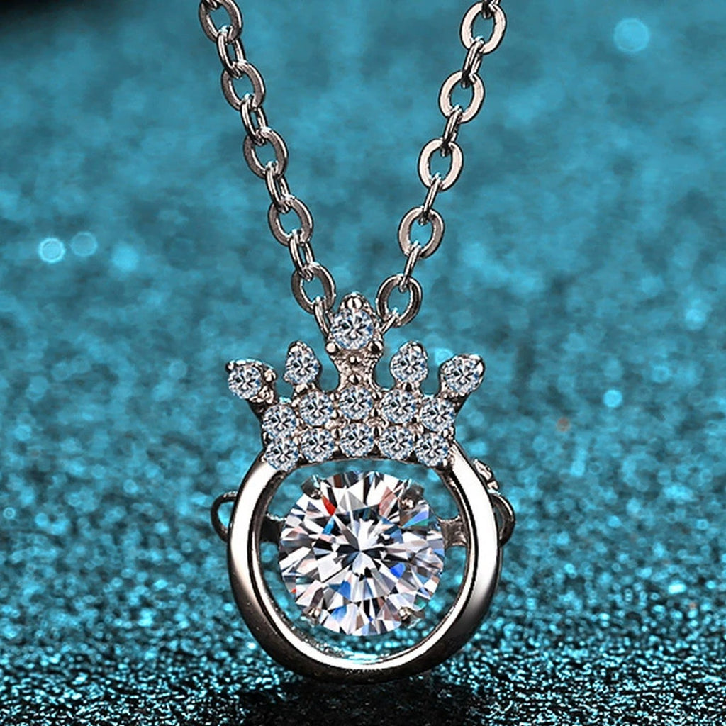 Crown Halo Moissanite Pendant Necklace with CZ in Rhodium-Plated S925 sterling silver product scene view showing pendant detail