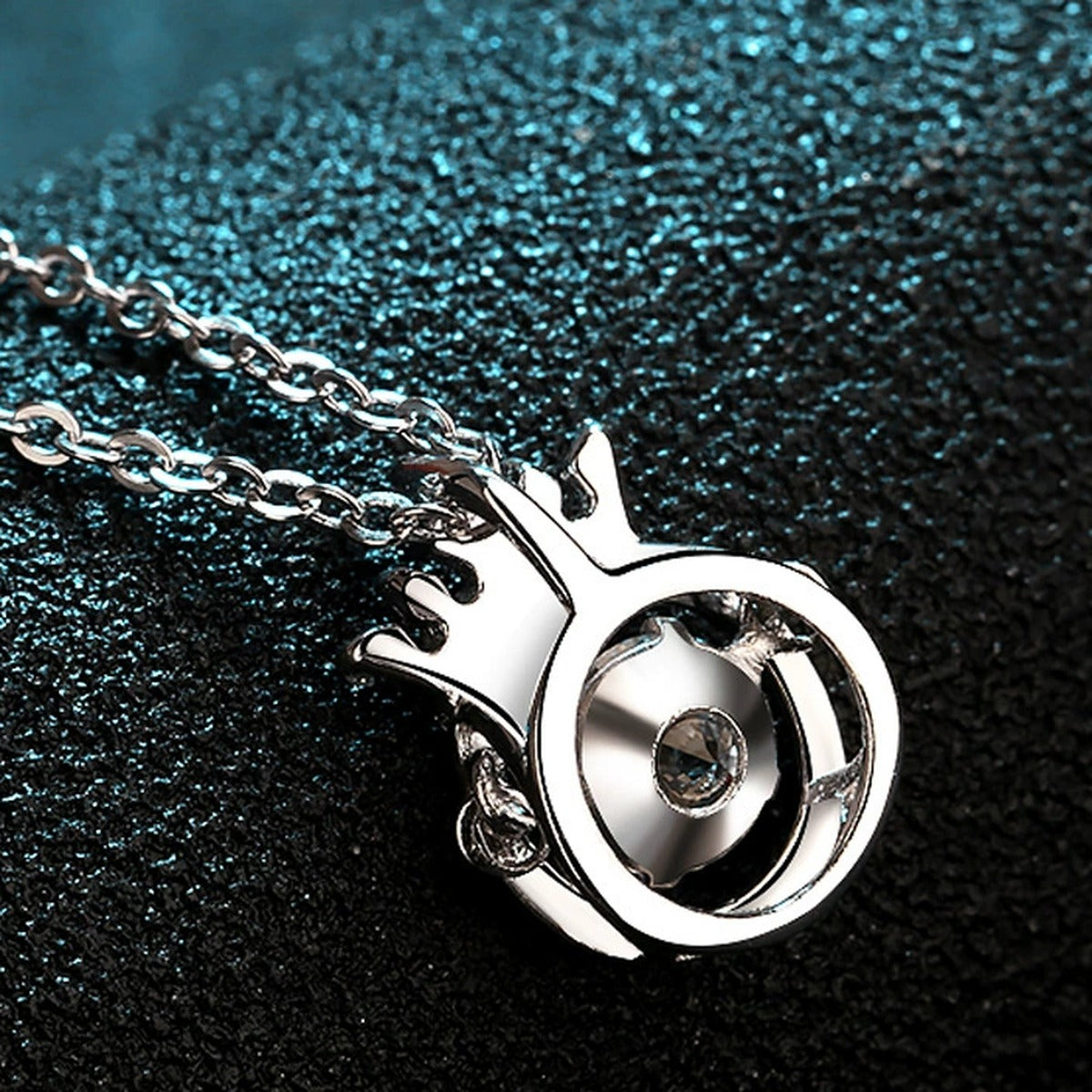 Crown Halo Moissanite Pendant Necklace with CZ in Rhodium-Plated S925 sterling silver product scene view showing chain and setting detail