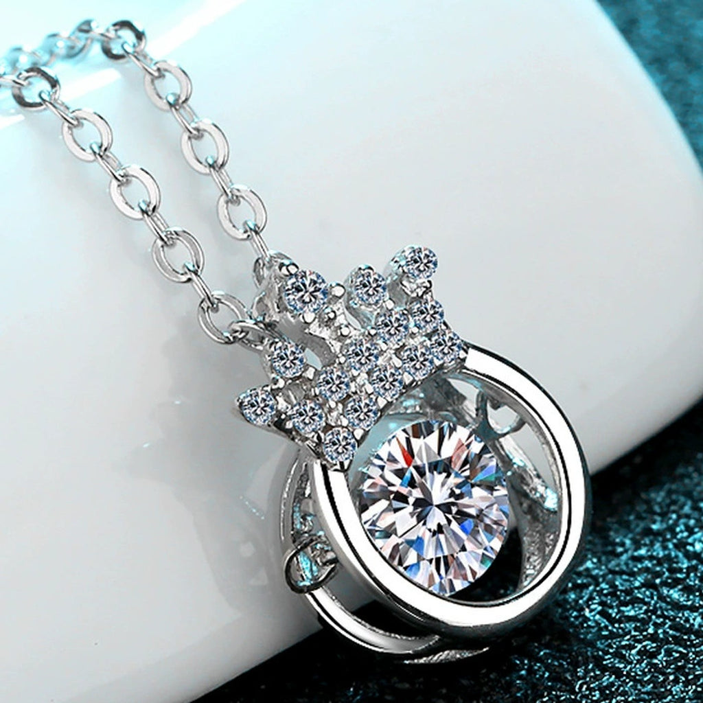 Crown Halo Moissanite Pendant Necklace with CZ in Rhodium-Plated S925 sterling silver product scene view showing angled sparkle