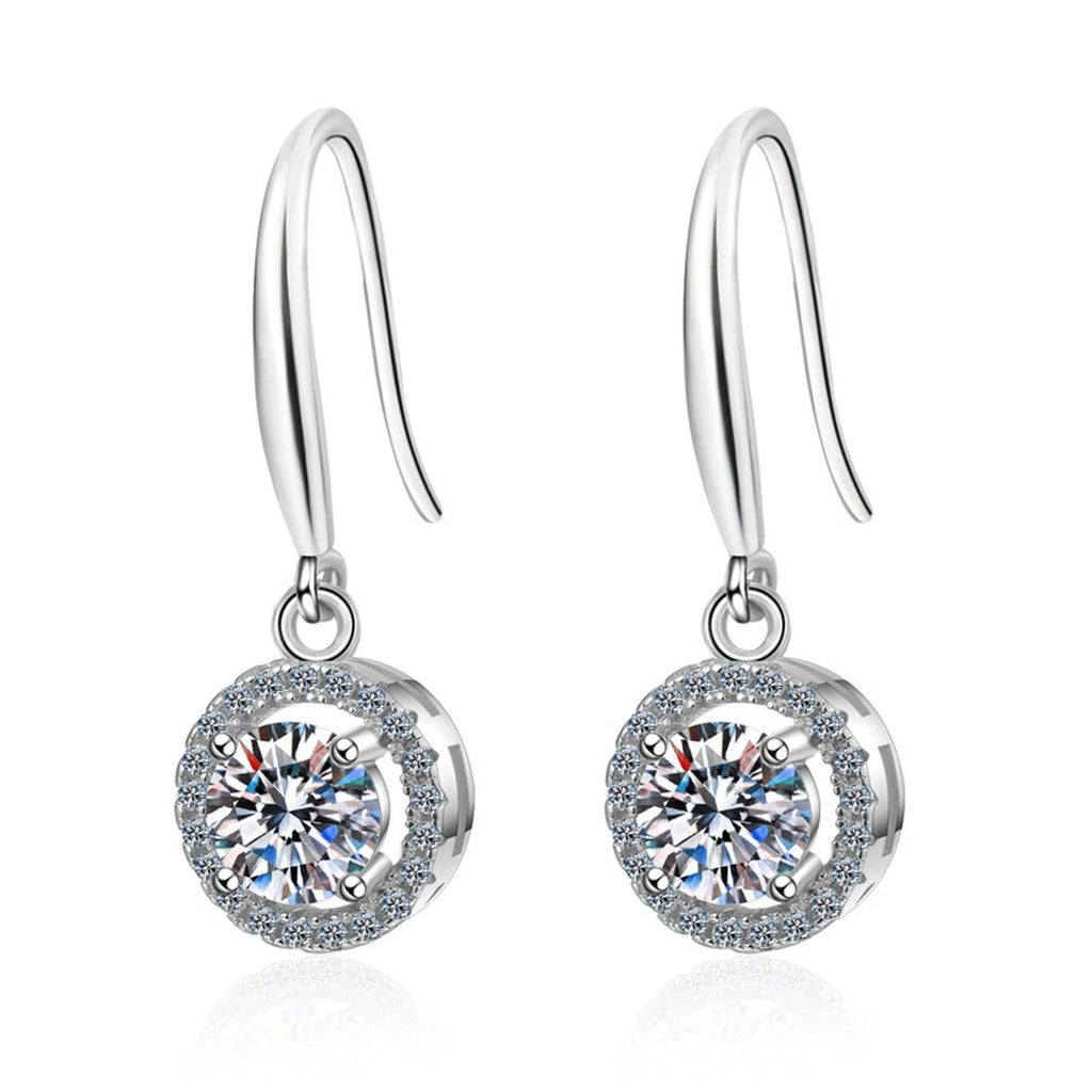 Round Halo Moissanite Hook Dangle Earrings with CZ in Rhodium-Plated S925 Sterling Silver on clean white background showing the pair, setting, and hook dangle earrings silhouette
