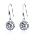 Round Halo Moissanite Hook Dangle Earrings with CZ in Rhodium-Plated S925 Sterling Silver on clean white background showing the pair, setting, and hook dangle earrings silhouette