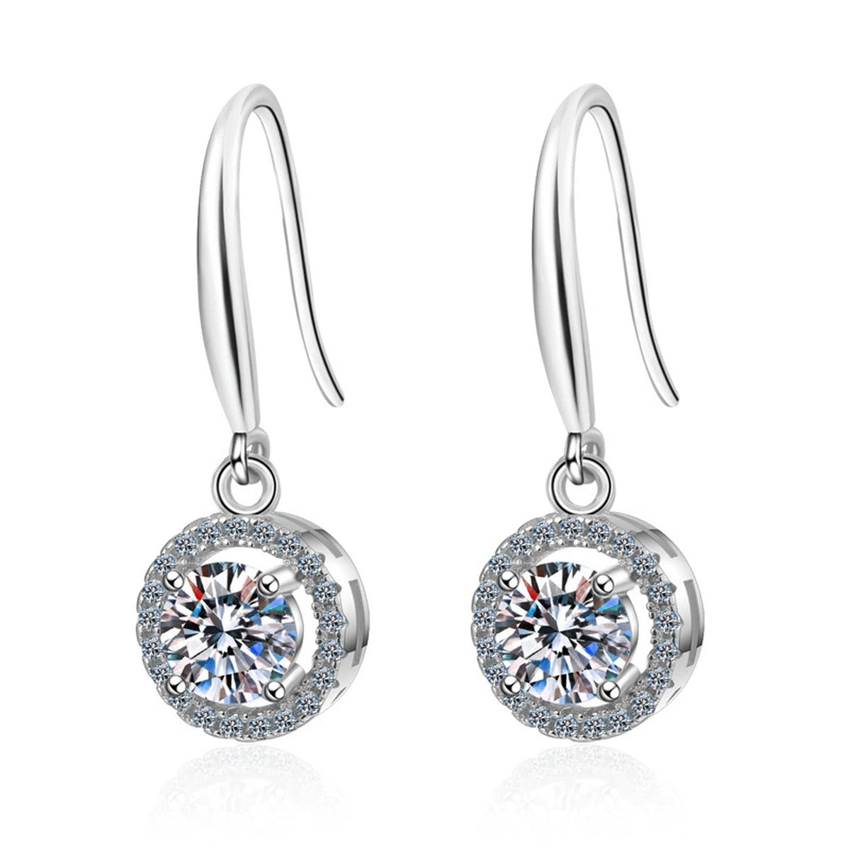 Round Halo Moissanite Hook Dangle Earrings with CZ in Rhodium-Plated S925 Sterling Silver on clean white background showing the pair, setting, and hook dangle earrings silhouette