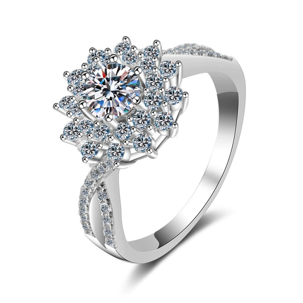 Floral Moissanite Halo Engagement Ring with CZ in rhodium-plated S925 sterling silver on clean white background