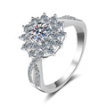 Floral Moissanite Halo Engagement Ring with CZ in rhodium-plated S925 sterling silver on clean white background