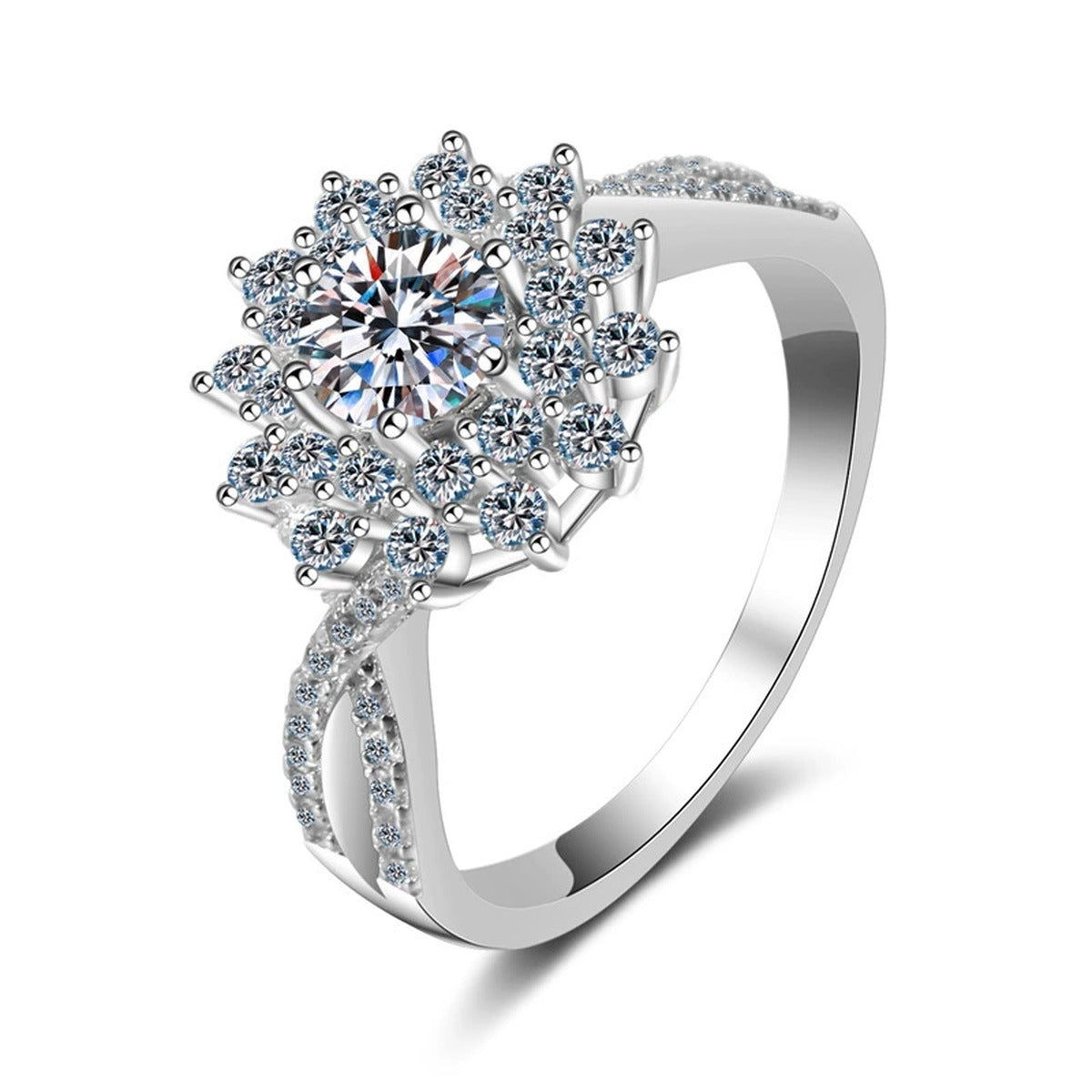 Floral Moissanite Halo Engagement Ring with CZ in rhodium-plated S925 sterling silver on clean white background