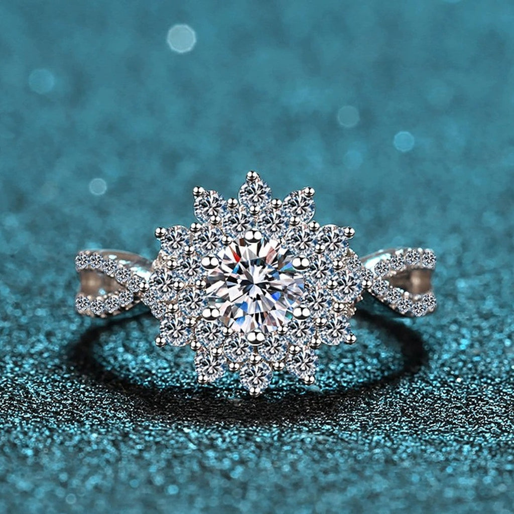 Floral Moissanite Halo Engagement Ring with CZ product view showing moissanite setting and metal finish