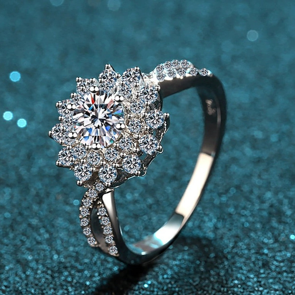 Floral Moissanite Halo Engagement Ring with CZ product view showing moissanite setting and metal finish