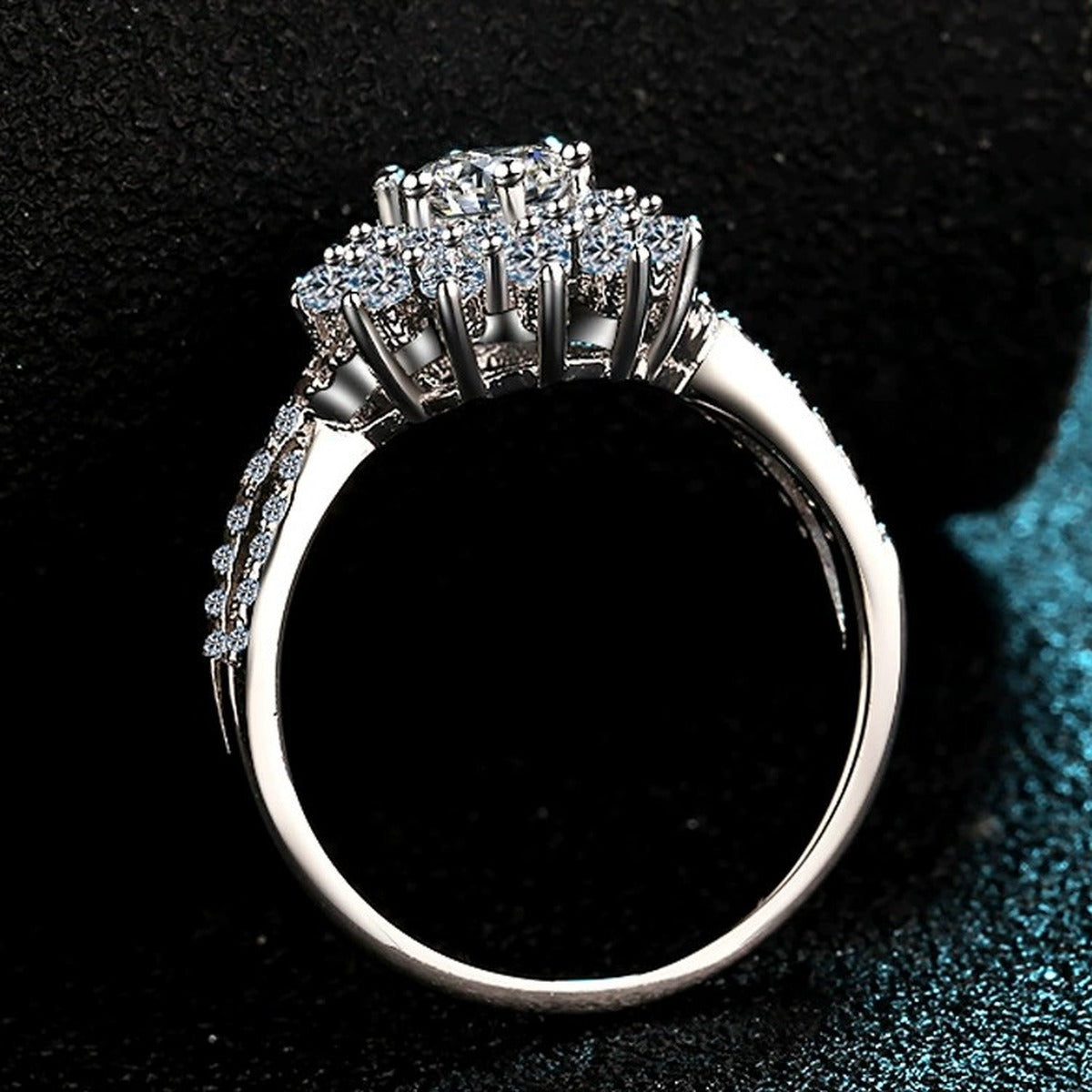 Floral Moissanite Halo Engagement Ring with CZ product view showing moissanite setting and metal finish