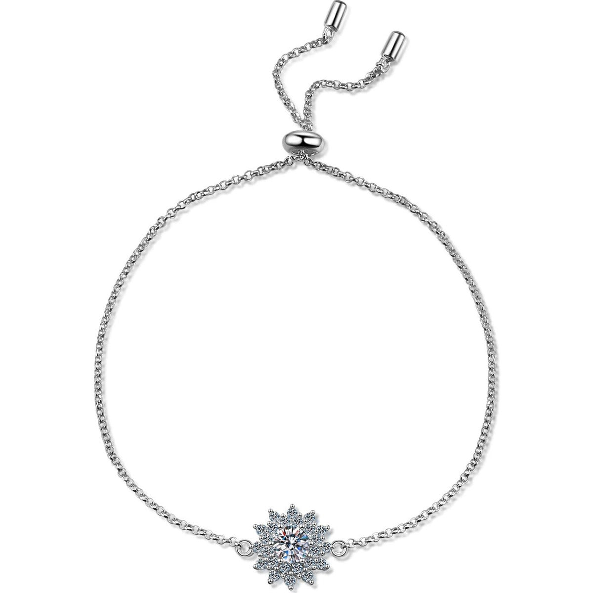 Sunflower Moissanite Adjustable Bracelet with CZ in Rhodium-Plated S925 sterling silver white background product photo showing bracelet shape and moissanite setting