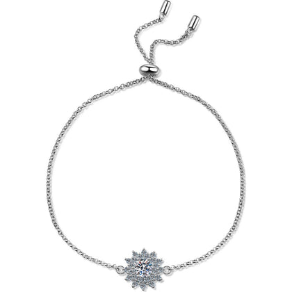 Sunflower Moissanite Adjustable Bracelet with CZ in Rhodium-Plated S925 sterling silver white background product photo showing bracelet shape and moissanite setting