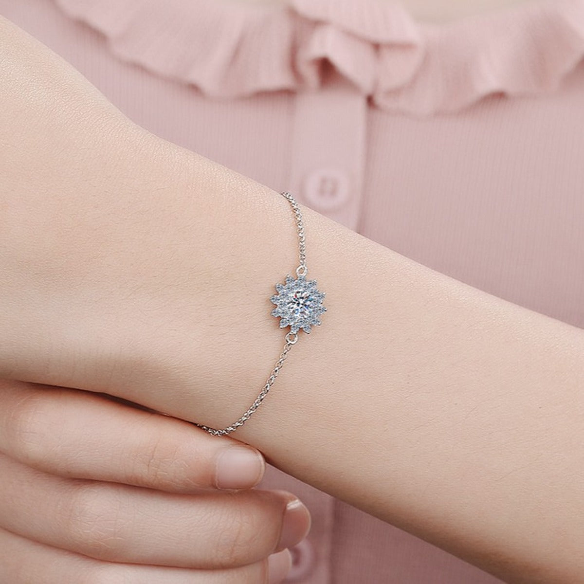 Sunflower Moissanite Adjustable Bracelet with CZ in Rhodium-Plated S925 sterling silver worn on wrist model view showing scale and adjustable fit