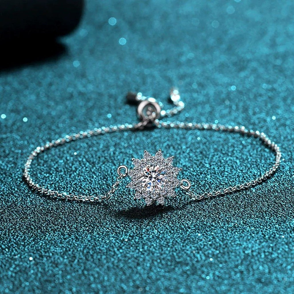 Sunflower Moissanite Adjustable Bracelet with CZ in Rhodium-Plated S925 sterling silver styled product scene showing stone sparkle and chain detail