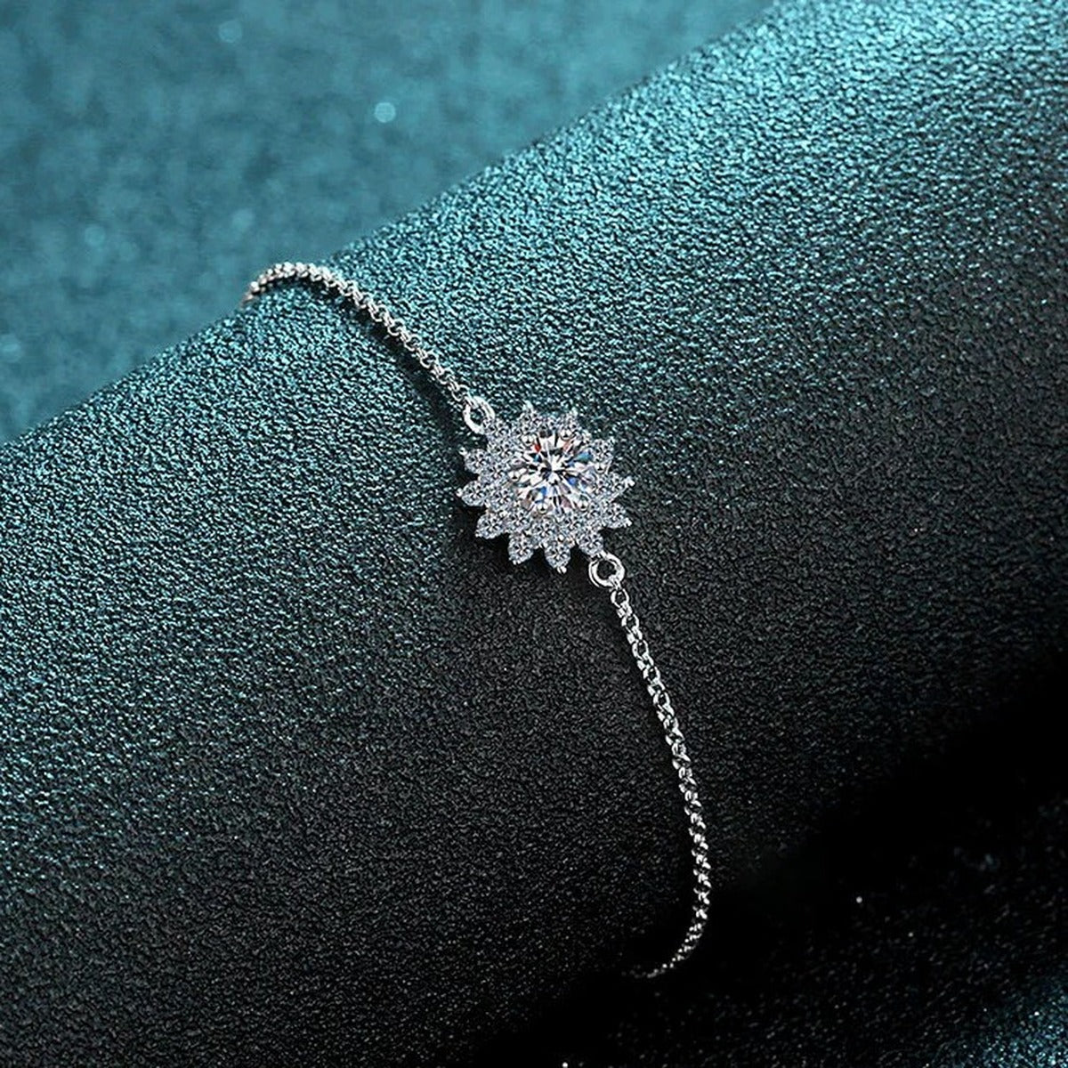 Sunflower Moissanite Adjustable Bracelet with CZ in Rhodium-Plated S925 sterling silver close-up bracelet detail view showing clasp and motif