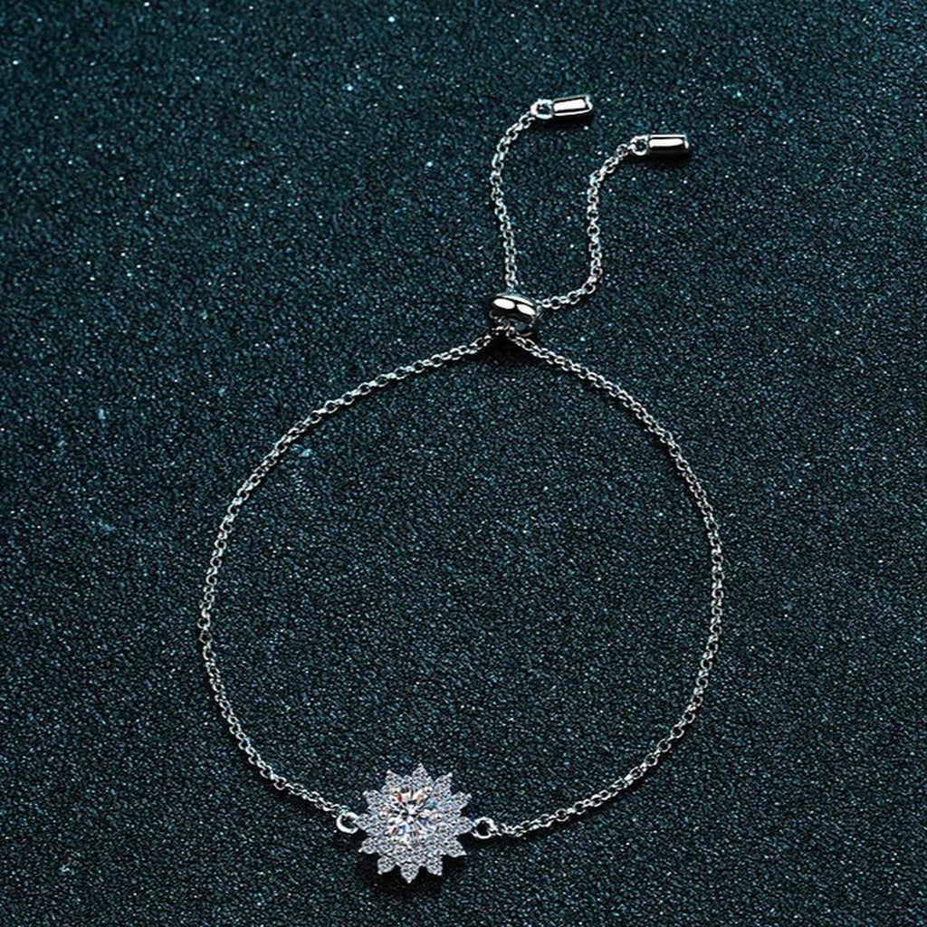Sunflower Moissanite Adjustable Bracelet with CZ in Rhodium-Plated S925 sterling silver angled product display showing bracelet silhouette