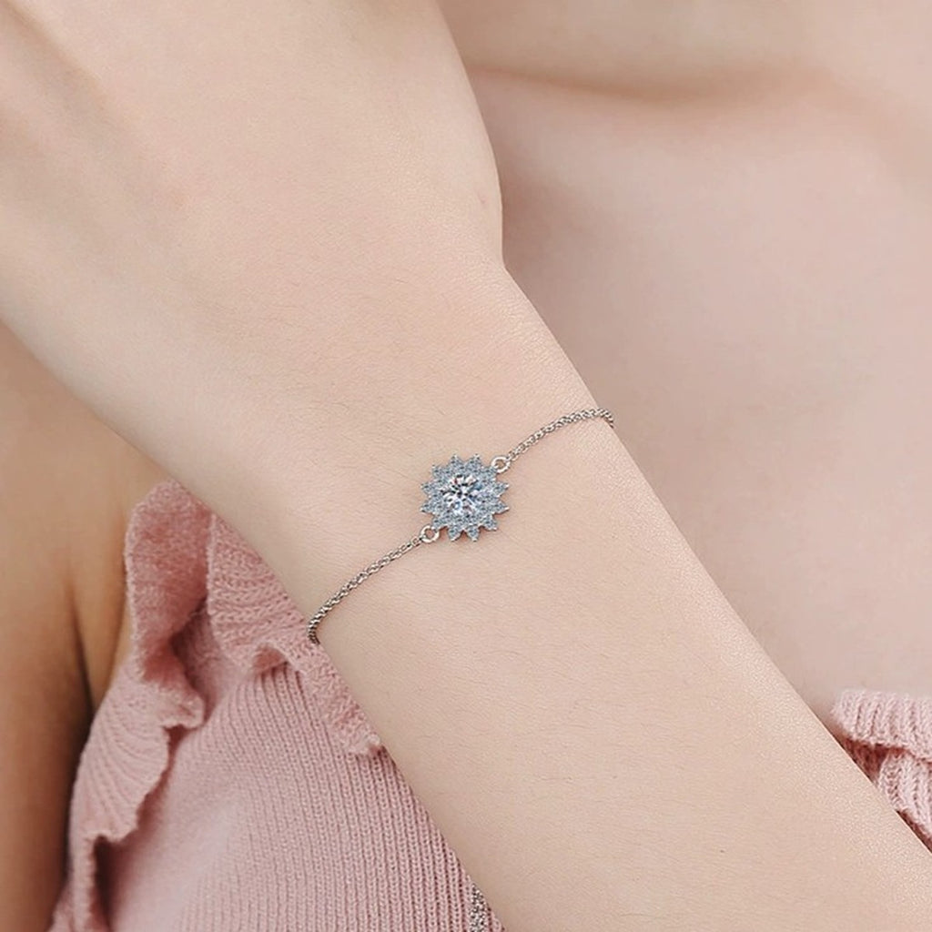 Sunflower Moissanite Adjustable Bracelet with CZ in Rhodium-Plated S925 sterling silver worn on wrist model view showing scale and adjustable fit