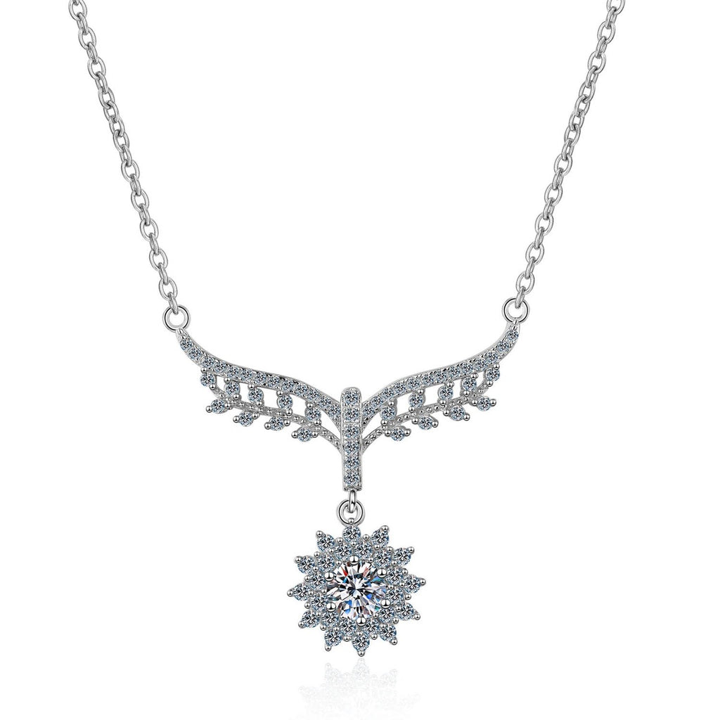 Angel Wing Moissanite Pendant Necklace with CZ in Rhodium-Plated S925 sterling silver on white background showing pendant shape and round moissanite