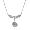 Angel Wing Moissanite Pendant Necklace with CZ in Rhodium-Plated S925 sterling silver on white background showing pendant shape and round moissanite
