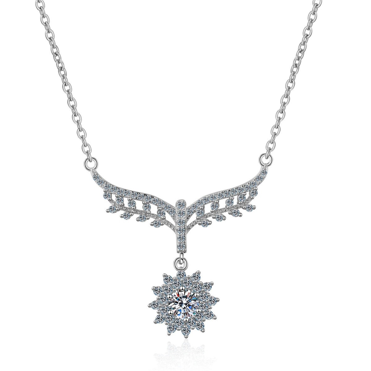 Angel Wing Moissanite Pendant Necklace with CZ in Rhodium-Plated S925 sterling silver on white background showing pendant shape and round moissanite