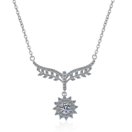 Angel Wing Moissanite Pendant Necklace with CZ in Rhodium-Plated S925 sterling silver on white background showing pendant shape and round moissanite