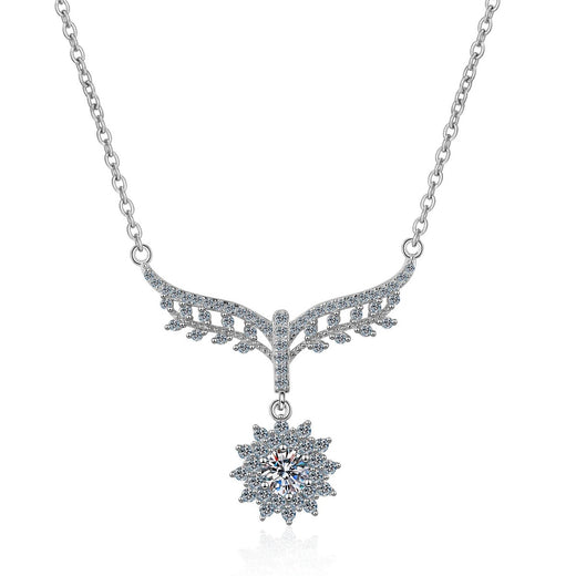 Angel Wing Moissanite Pendant Necklace with CZ in Rhodium-Plated S925 Sterling Silver