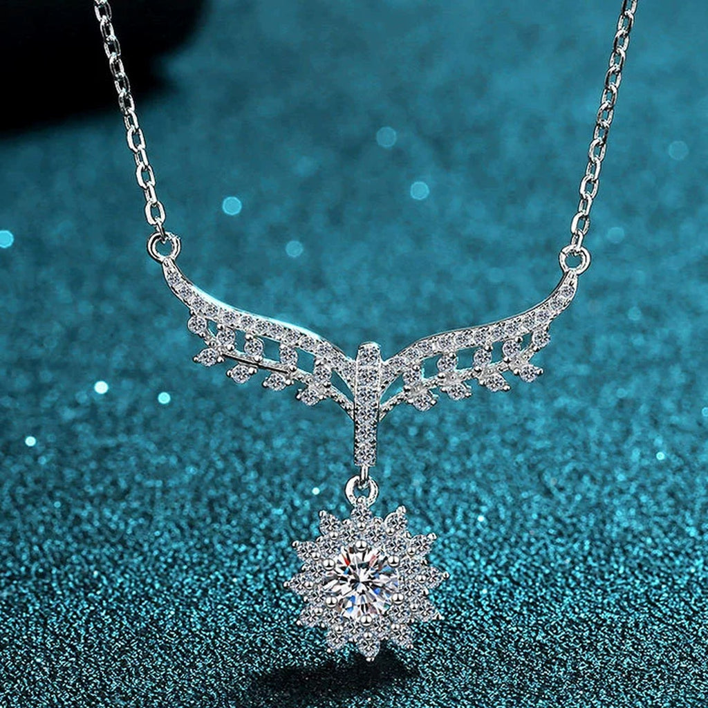 Angel Wing Moissanite Pendant Necklace with CZ in Rhodium-Plated S925 sterling silver product scene view showing pendant detail