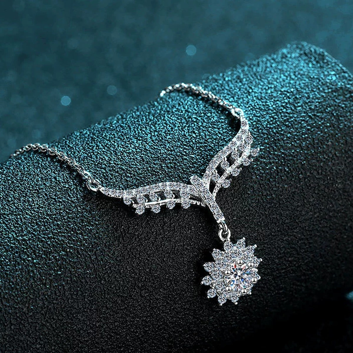 Angel Wing Moissanite Pendant Necklace with CZ in Rhodium-Plated S925 sterling silver product scene view showing chain and setting detail