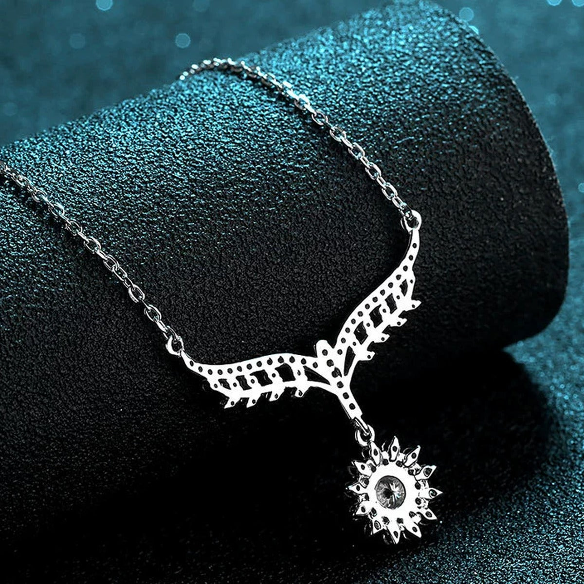 Angel Wing Moissanite Pendant Necklace with CZ in Rhodium-Plated S925 sterling silver product scene view showing close-up styling